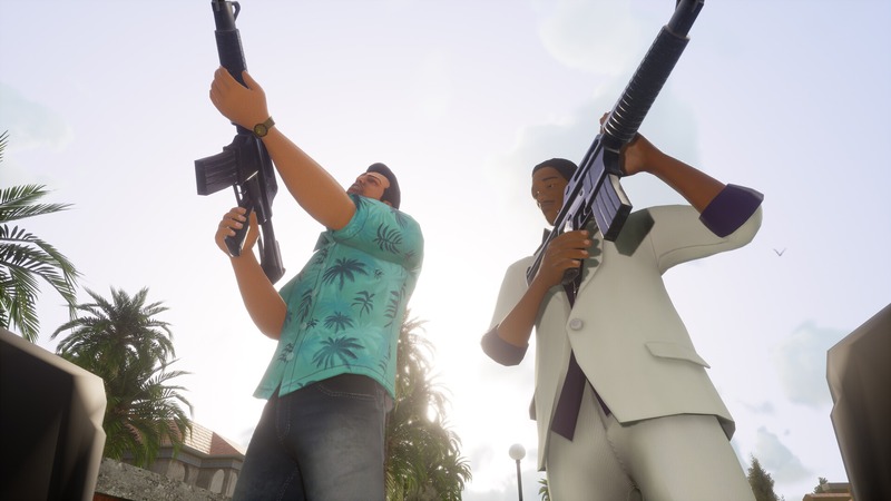 Een bruisende stadsgezicht van Vice City bij zonsondergang, met neonlichten en drukke straten.