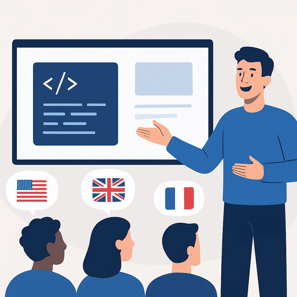 Confident developer presenting in a foreign language