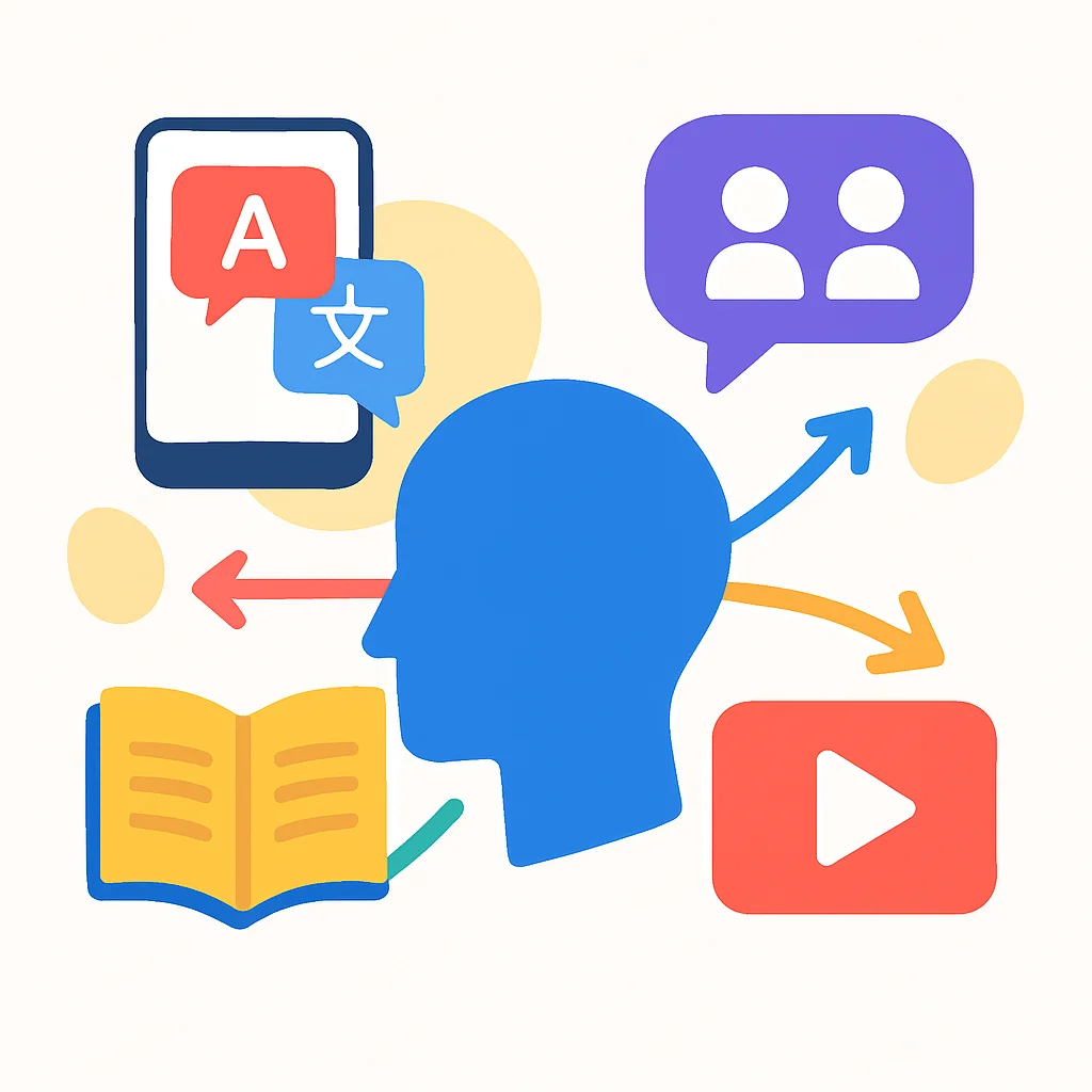 Diverse language learning methods illustration