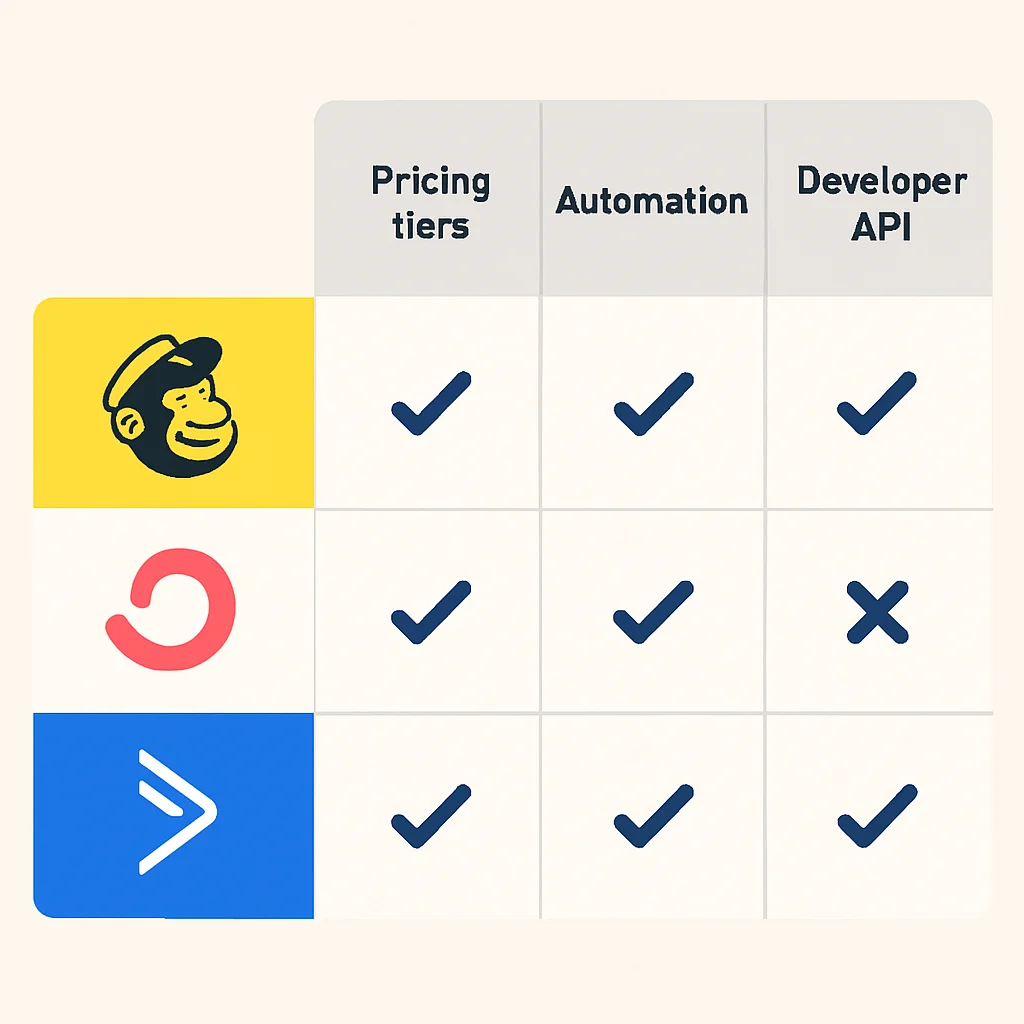 Email marketing platform comparison table for developers