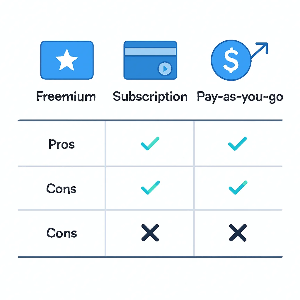 Monetization model comparison table for tech products