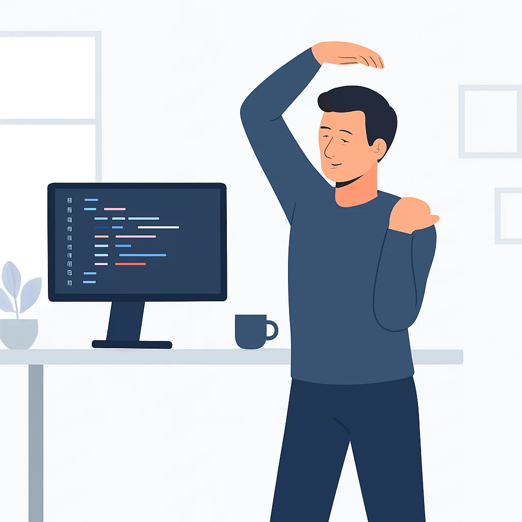 Developer performing light stretches at a standing desk