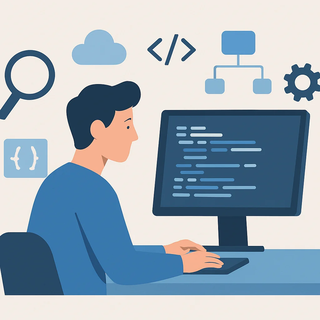 Developer strategically learning new technology, concentrating on one area amidst many tech symbols