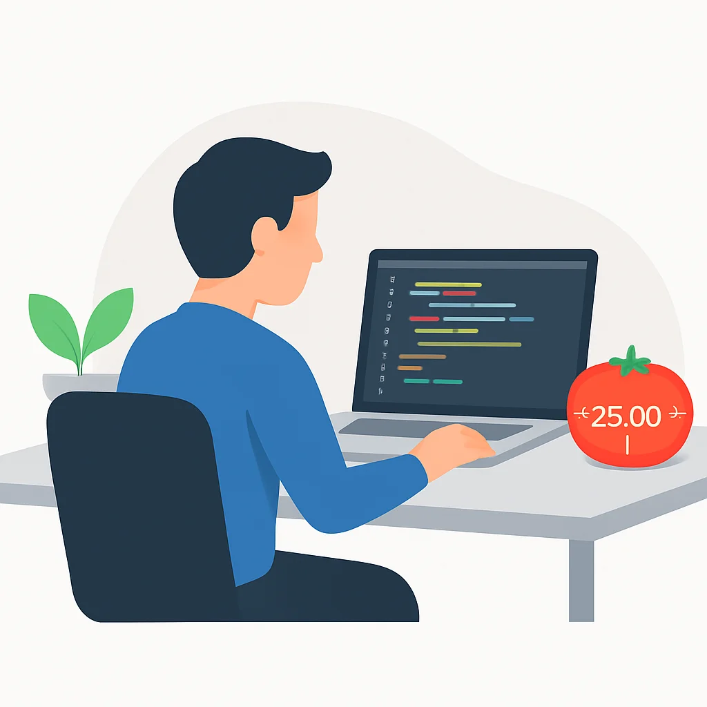 Developer applying Pomodoro technique with a digital timer and code editor