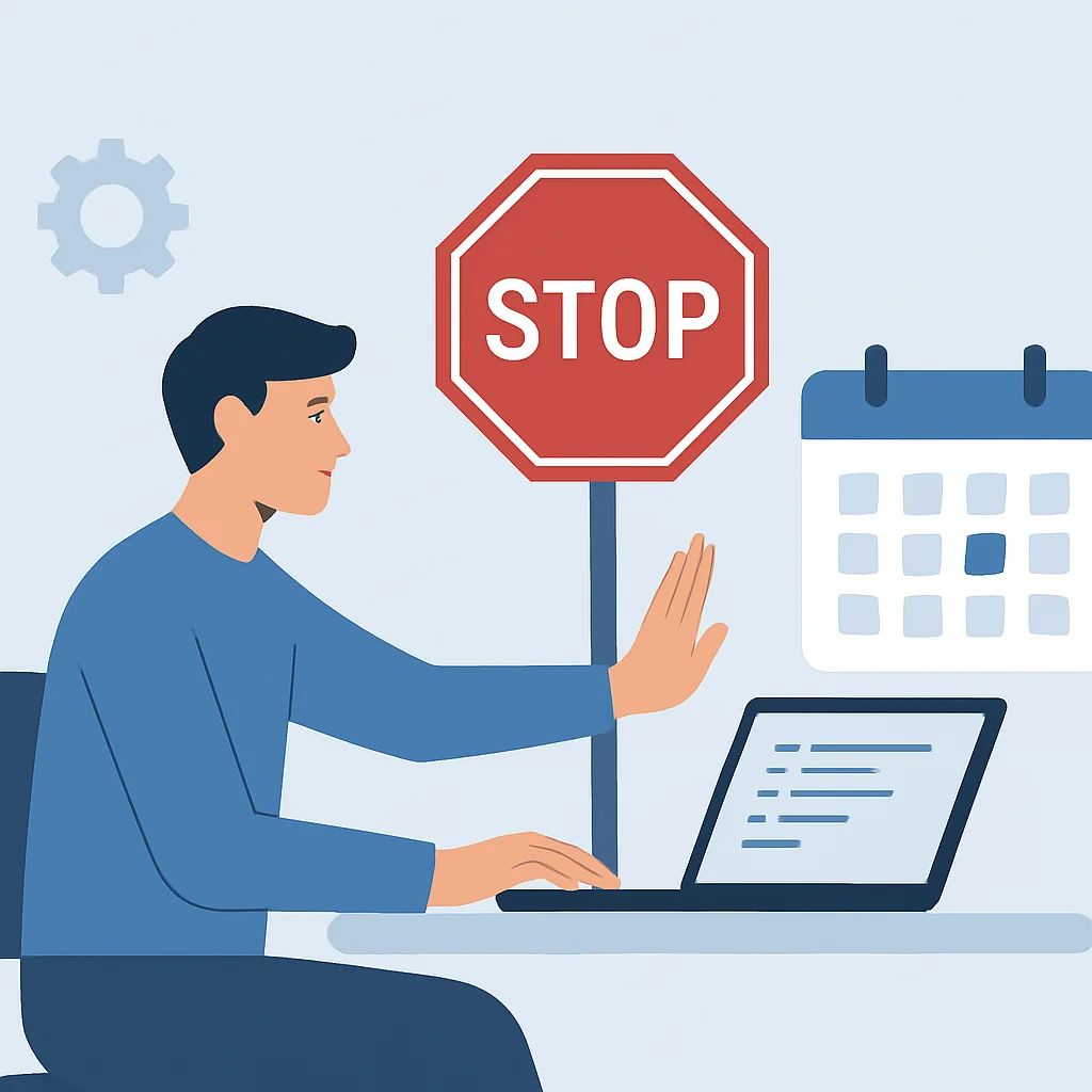 Developer setting work-life boundaries with a metaphorical stop sign and structured calendar