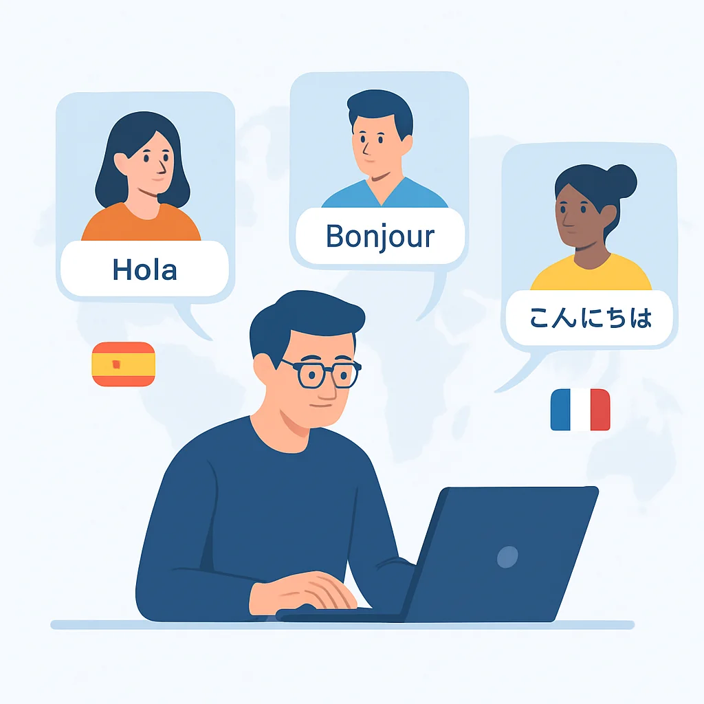 Developer collaborating with international team, speaking different languages