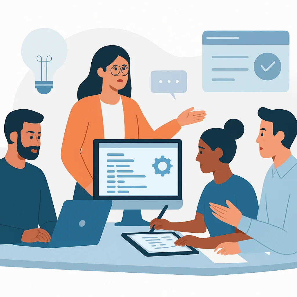 Diverse software development team collaborating on a project