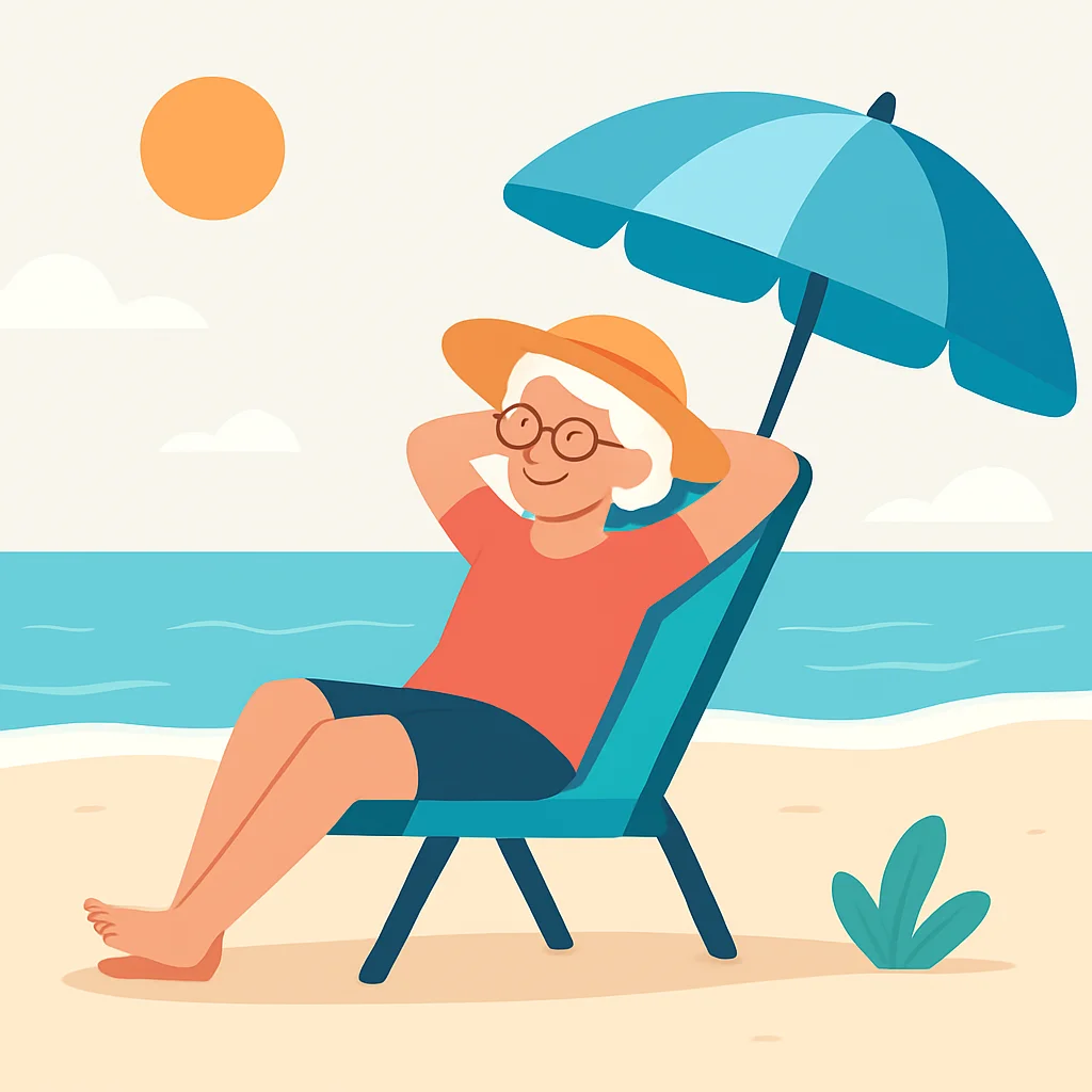 Elderly person relaxing on a beach, enjoying retirement