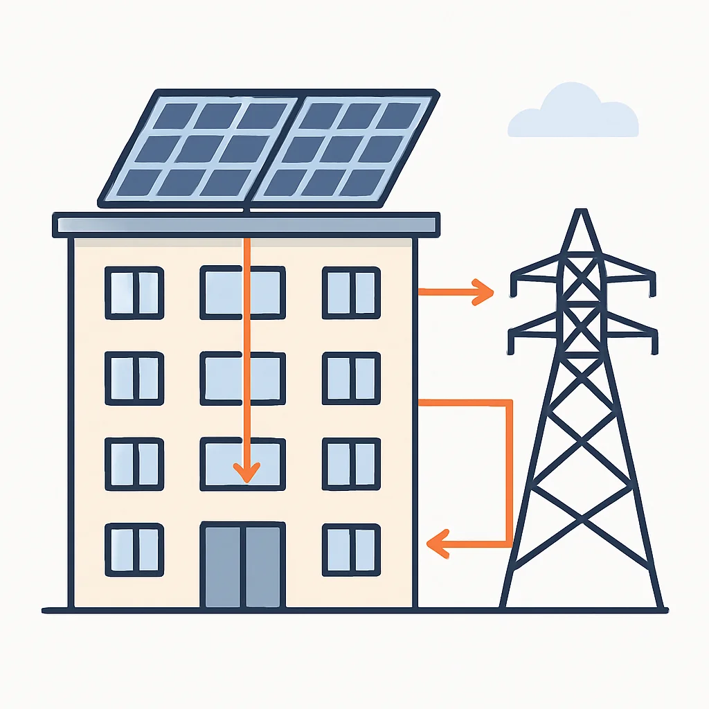 Apartment building with rooftop solar panels and energy flow diagram