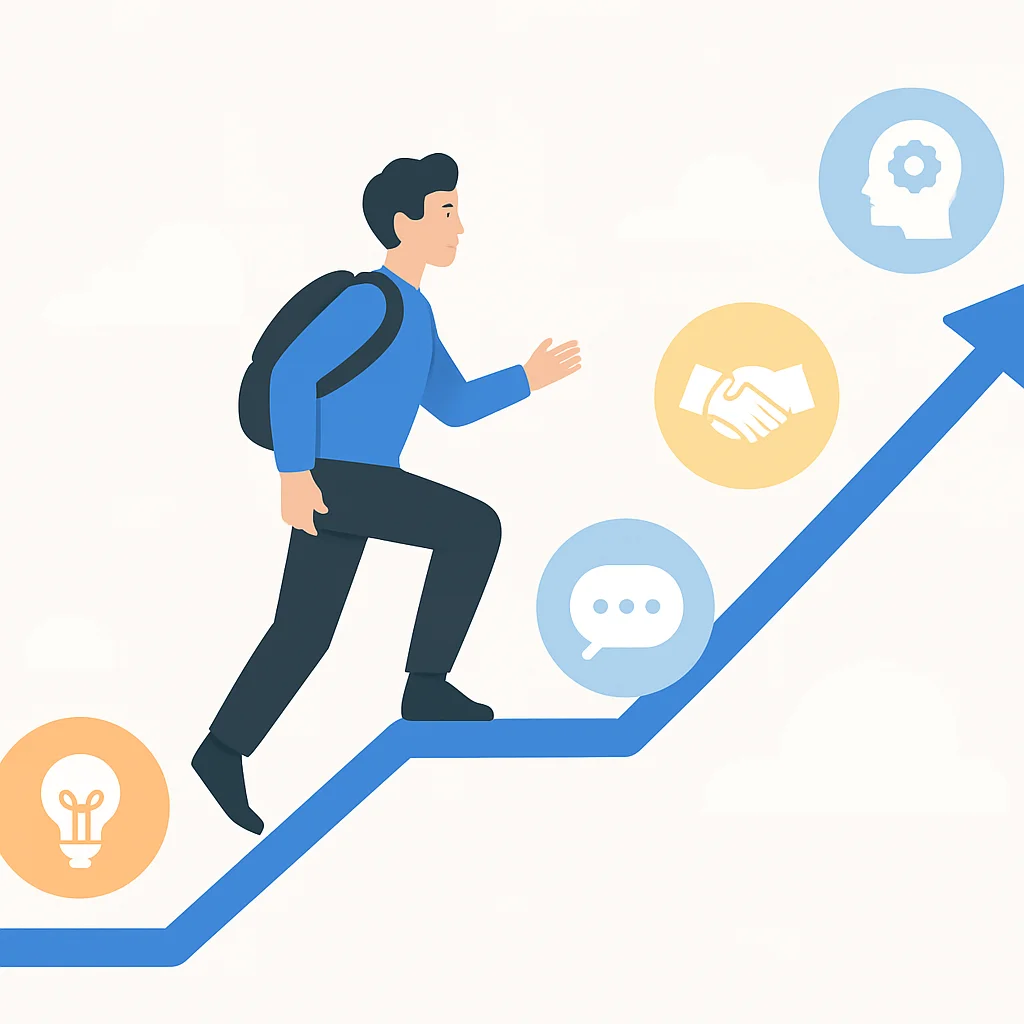 Developer career growth path with soft skills milestones