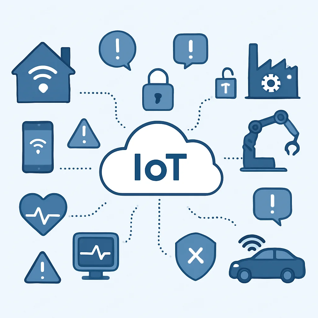 IoT threat landscape diagram showing different device types and common attack vectors