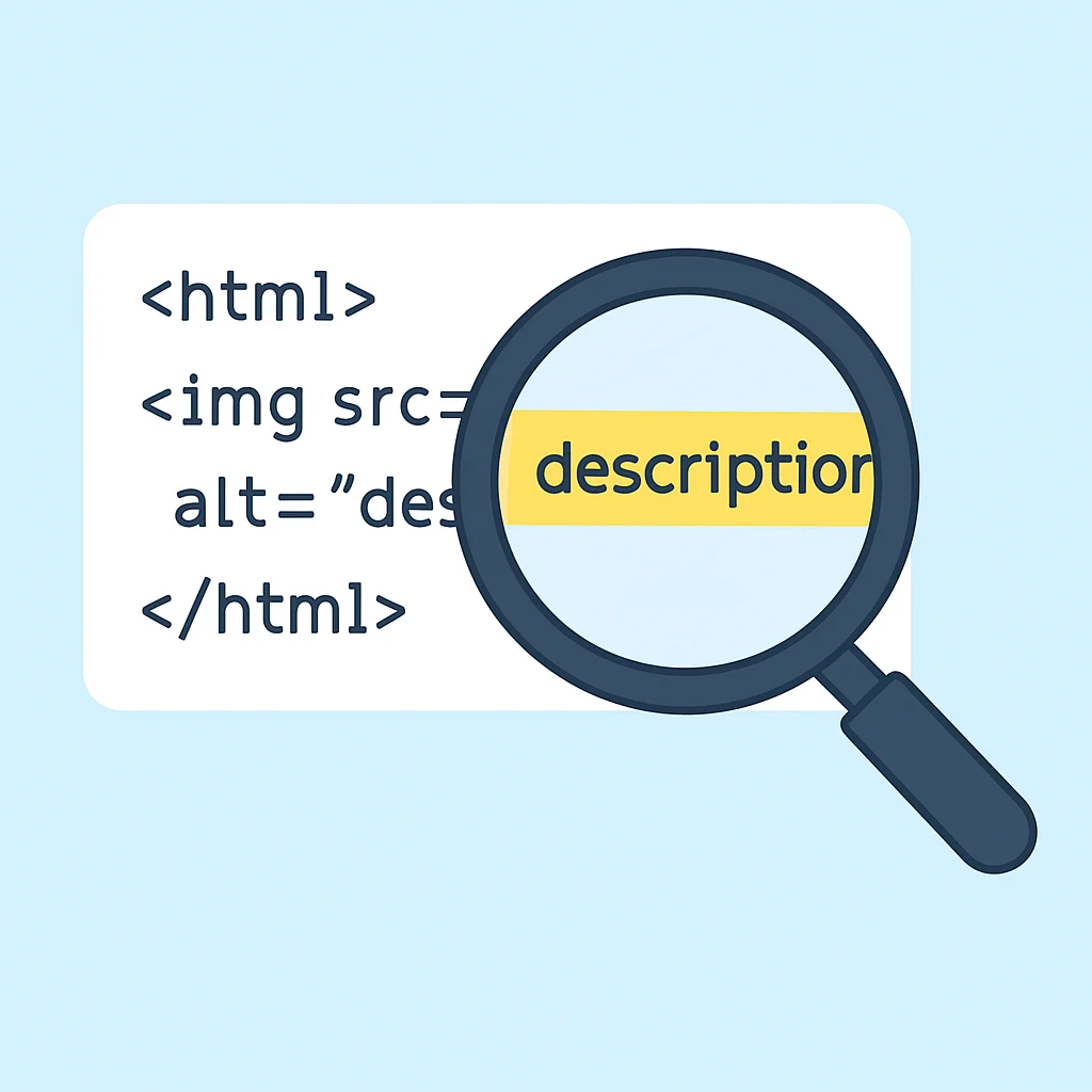 Vergrootglas zweeft over HTML-code met gehighlighte alt-attributen