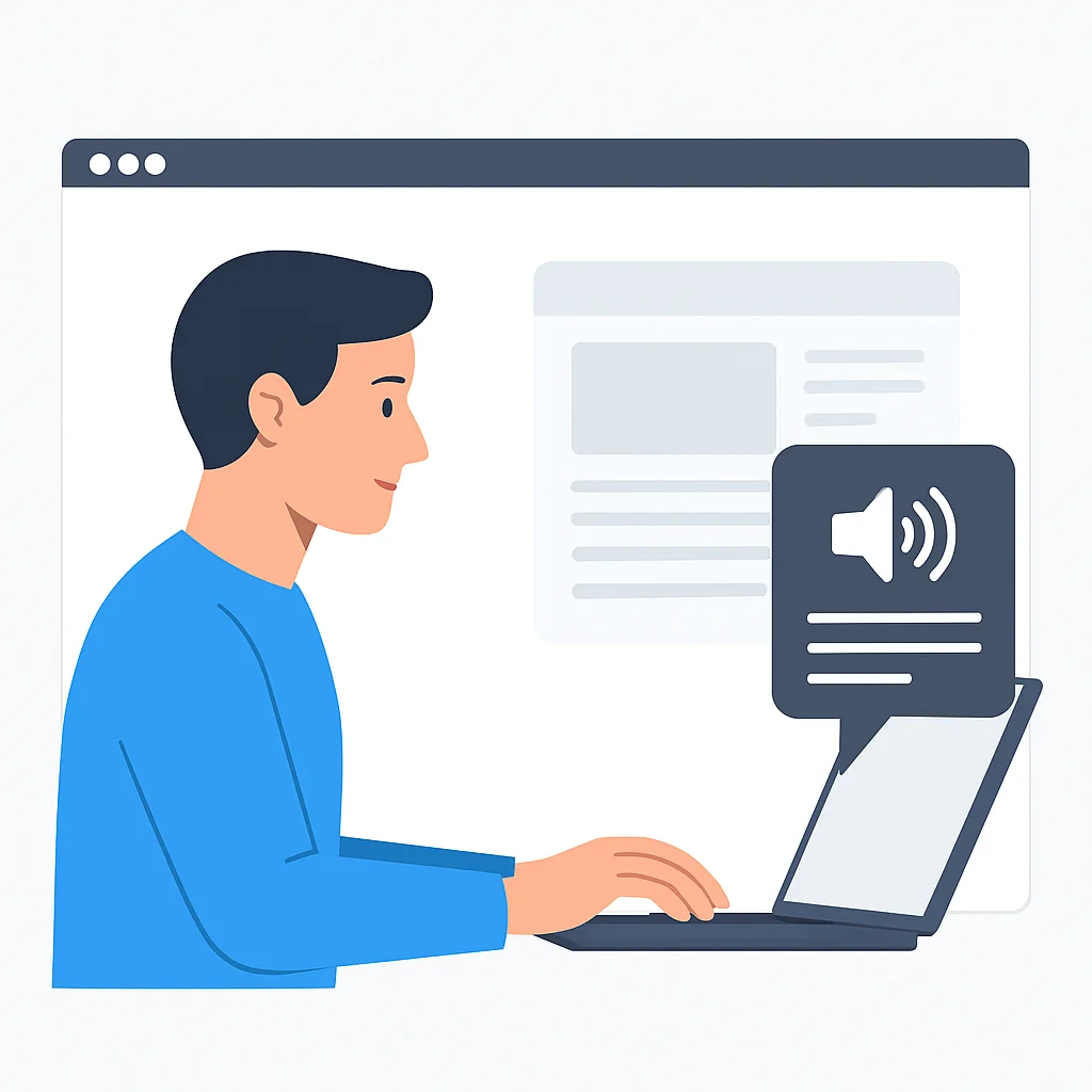 Persoon gebruikt screenreader op website met goed gestructureerde, toegankelijke HTML