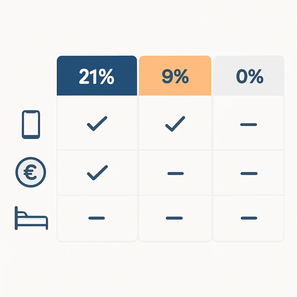 Vergelijkingstabel van BTW-tarieven (21%, 9%, 0%) en vrijstellingen met voorbeelden