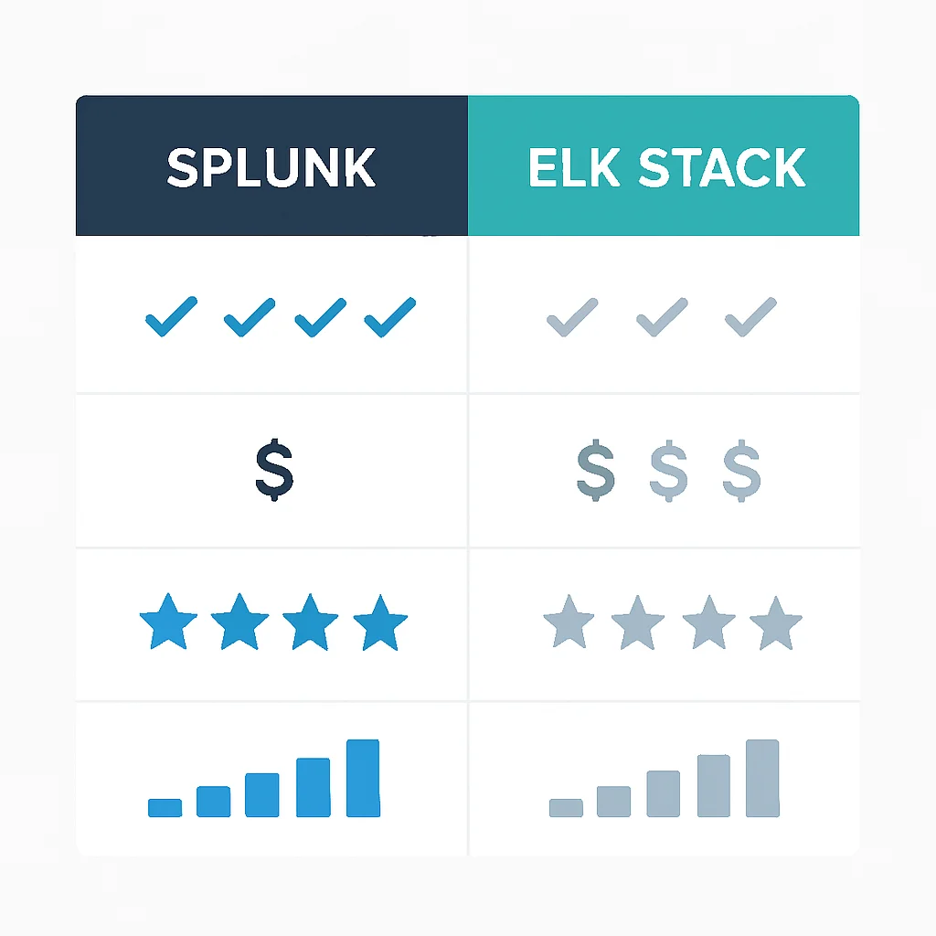Vergelijkingstabel van Splunk en ELK Stack op basis van functionaliteiten, kosten, gebruiksgemak en schaalbaarheid