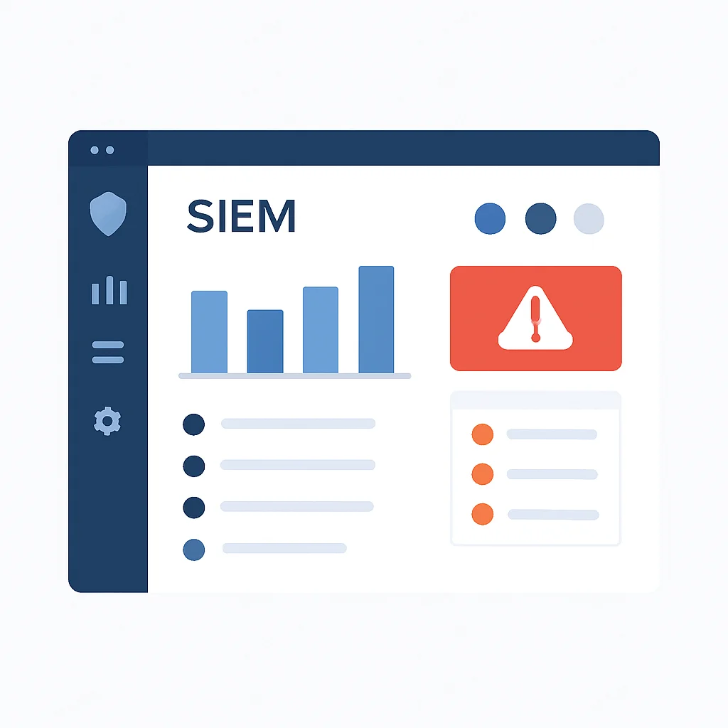 Screenshot van een SIEM-dashboard met beveiligingsgebeurtenissen en alerts