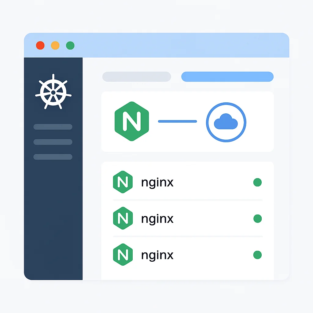 Screenshot Kubernetes dashboard met Nginx pods en service