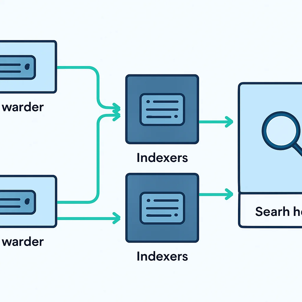 Splunk architectuurdiagram met forwarders, indexers en search heads