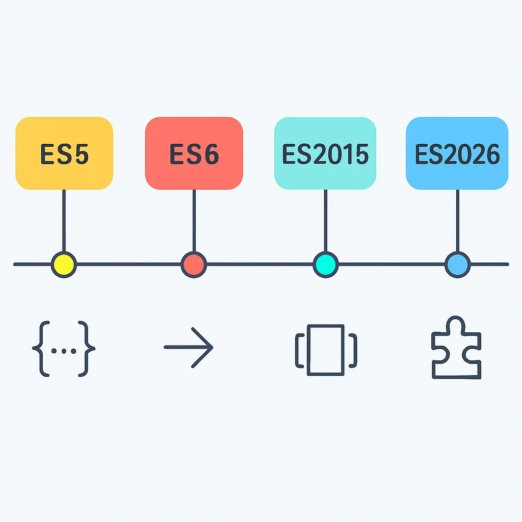 Tijdlijn van ECMAScript versies met belangrijke features tot 2026