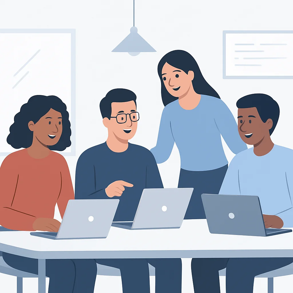 Happy developer team collaborating in a modern, well-lit office